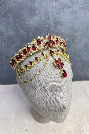 Bordo Hera Gold Zemin Sallantılı Alınlık Gelin Kına Tacı