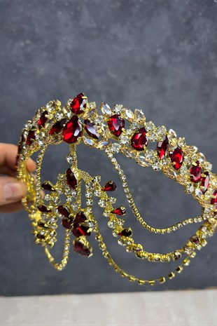 Bordo Hera Gold Zemin Sallantılı Alınlık Gelin Kına Tacı