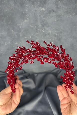 Bordo Hera Kristal Boncuklu Gelin Kına Tacı Saç Ve Türban Aksesuarı