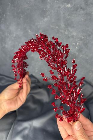 Bordo Hera Kristal Boncuklu Gelin Kına Tacı Saç Ve Türban Aksesuarı