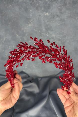 Bordo Hera Kristal Boncuklu Gelin Kına Tacı Saç Ve Türban Aksesuarı