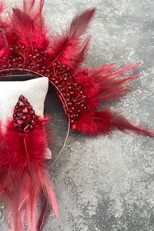 Claret Red Rooster Feather Crystal Beaded Bridal Henna Tiara and Earring