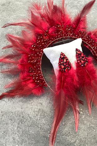 Claret Red Rooster Feather Crystal Beaded Bridal Henna Tiara and Earring