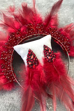 Claret Red Rooster Feather Crystal Beaded Bridal Henna Tiara and Earring