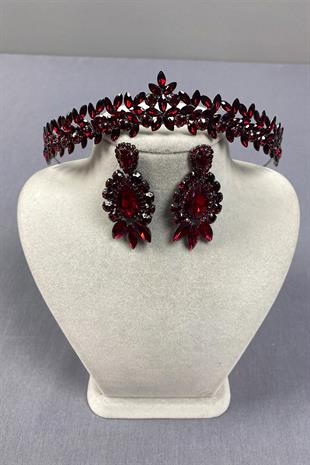 Claret Red Thin Elegant Vera Bridal Henna Crown and Drop Shuttle Earrings