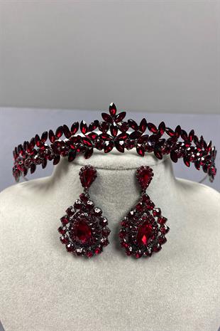 Bordo İnce Zarif Vera Gelin Kına Tacı Ve Damla Küpe