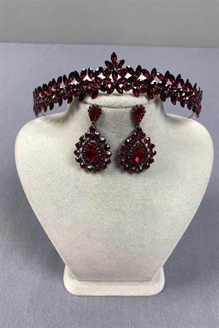 Bordo İnce Zarif Vera Gelin Kına Tacı Ve Damla Küpe