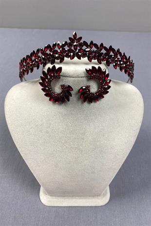 Bordo İnce Zarif Vera Gelin Kına Tacı Ve Yuvarlak Küpe