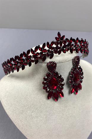 Claret Red Thin Elegant Vera Bridal Henna Crown and Drop Shuttle Earrings