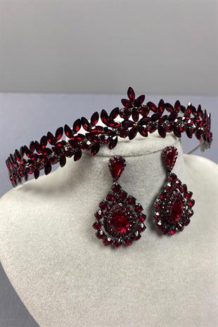 Bordo İnce Zarif Vera Gelin Kına Tacı Ve Damla Küpe