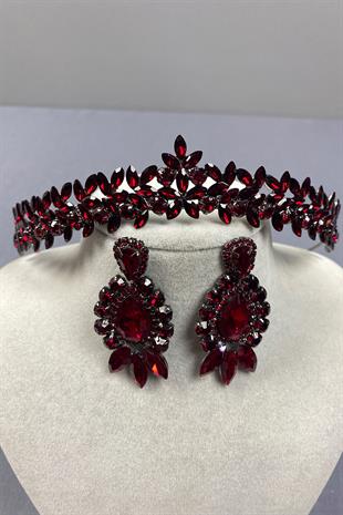Claret Red Thin Elegant Vera Bridal Henna Crown and Drop Shuttle Earrings