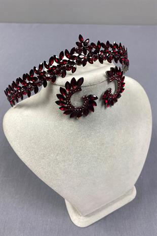 Bordo İnce Zarif Vera Gelin Kına Tacı Ve Yuvarlak Küpe