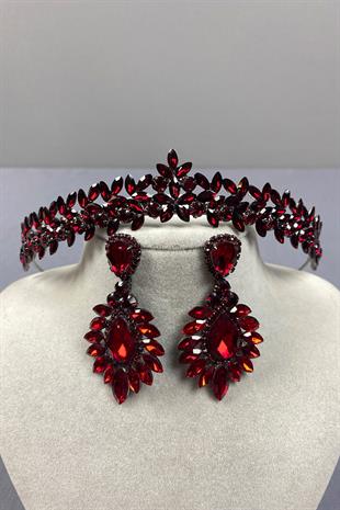 Burgundy Thin Elegant Vera Bridal Henna Crown and Drop Shuttle Earrings