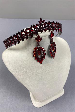 Burgundy Thin Elegant Vera Bridal Henna Crown and Shuttle Earrings