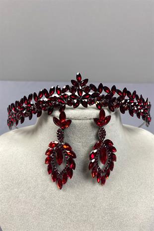 Burgundy Thin Elegant Vera Bridal Henna Crown and Shuttle Earrings