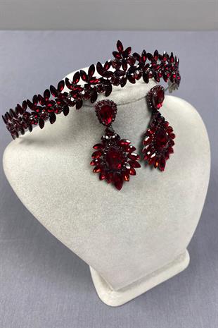 Burgundy Thin Elegant Vera Bridal Henna Crown and Drop Shuttle Earrings