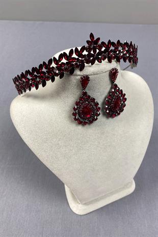 Bordo İnce Zarif Vera Gelin Kına Tacı Ve Damla Küpe