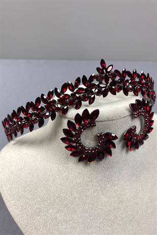 Bordo İnce Zarif Vera Gelin Kına Tacı Ve Yuvarlak Küpe