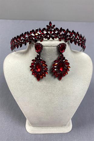 Burgundy Thin Elegant Vera Bridal Henna Crown and Drop Shuttle Earrings