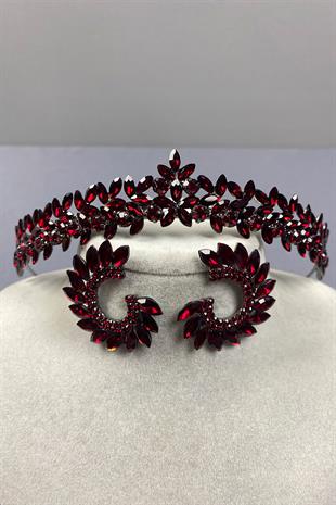 Bordo İnce Zarif Vera Gelin Kına Tacı Ve Yuvarlak Küpe