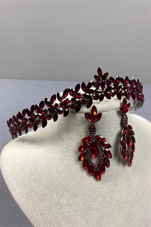 Burgundy Thin Elegant Vera Bridal Henna Crown and Shuttle Earrings