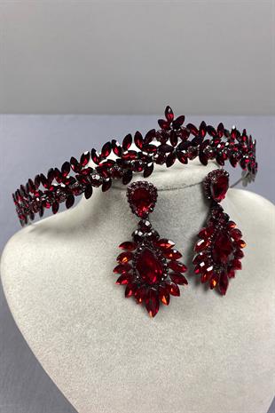 Burgundy Thin Elegant Vera Bridal Henna Crown and Drop Shuttle Earrings