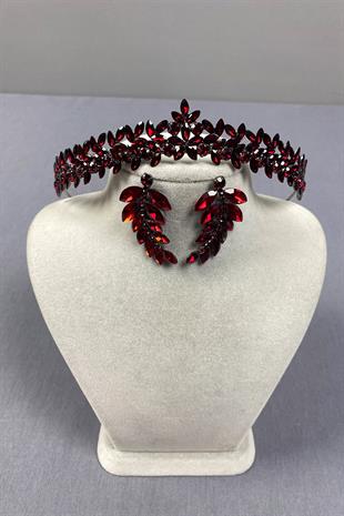 Claret Red Thin Elegant Vera Bridal Henna Crown and Leaf Earrings