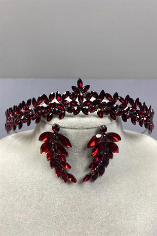 Claret Red Thin Elegant Vera Bridal Henna Crown and Leaf Earrings
