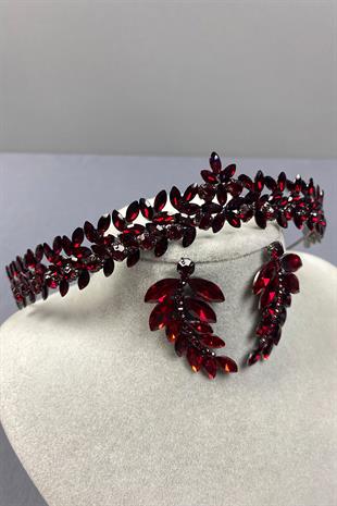 Claret Red Thin Elegant Vera Bridal Henna Crown and Leaf Earrings
