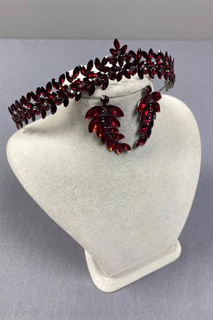 Claret Red Thin Elegant Vera Bridal Henna Crown and Leaf Earrings