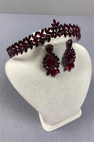 Claret Red Thin Elegant Vera Bridal Henna Crown and Drop Shuttle Earrings