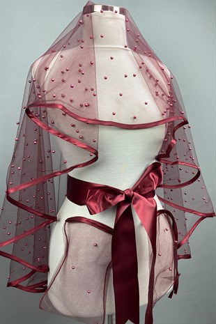 Burgundy Pearls Bridal Veil Henna Face Cover