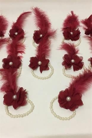 Claret Red Pearly Feathered Flower Bridesmaid Bracelet for Henna Night and Bachelorette