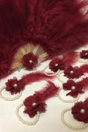 Claret Red Pearly Feathered Flower Bridesmaid Bracelet for Henna Night and Bachelorette