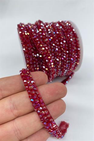 Bordo Janjanlı Kristal Boncuk İşlemeli Şerit