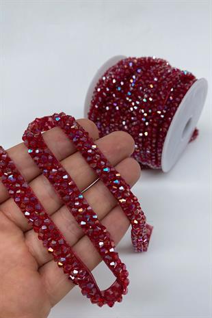 Bordo Janjanlı Kristal Boncuk İşlemeli Şerit
