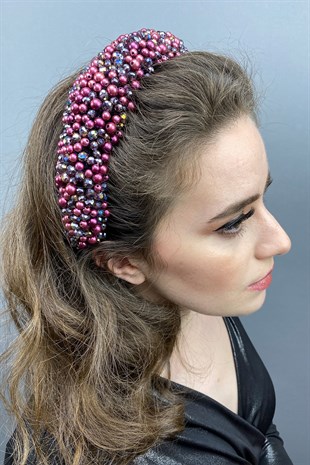 Bridal Hair Accessory with Leal Convex Crystal and Pearls with Maroon Janjan