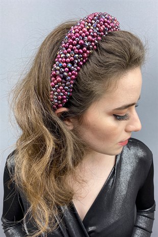 Bridal Hair Accessory with Leal Convex Crystal and Pearls with Maroon Janjan