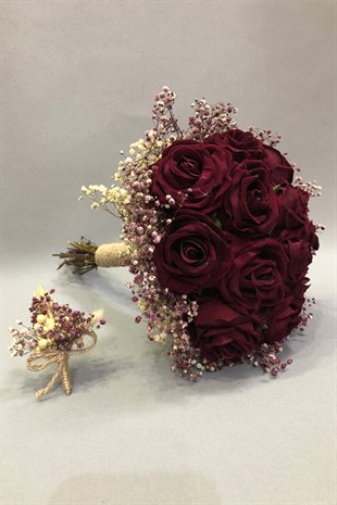 Bordo Kadife Gül ve Cipsolu Gelin Buketi