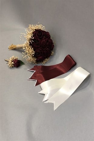 Bordo Kadife Güllü Gelin Çiçeği ve Takı Kurdelesi