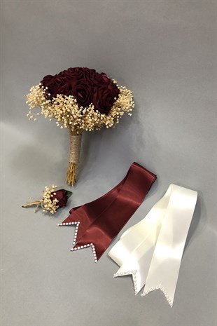 Bordo Kadife Güllü Gelin Çiçeği ve Takı Kurdelesi