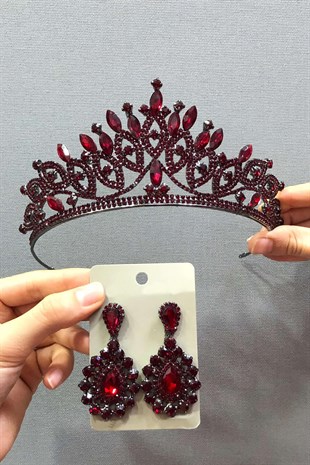 Claret Red Henna Bridal Crown and Earring Set