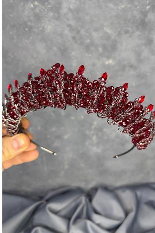 Bordo Kristal Boncuk İşlemeli Buğlem Gelin Tacı