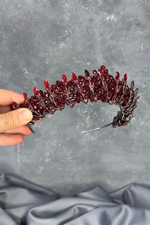 Bordo Kristal Boncuk İşlemeli Buğlem Gelin Tacı