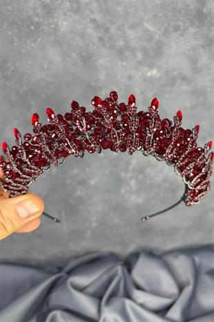 Bordo Kristal Boncuk İşlemeli Buğlem Gelin Tacı