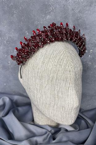 Bordo Kristal Boncuk İşlemeli Buğlem Gelin Tacı