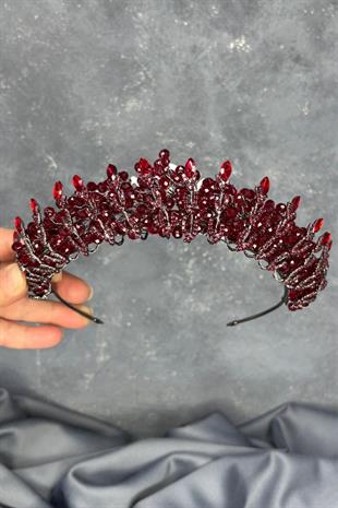 Bordo Kristal Boncuk İşlemeli Buğlem Gelin Tacı