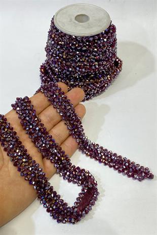 Bordo Kristal Boncuk İşlemeli Şerit