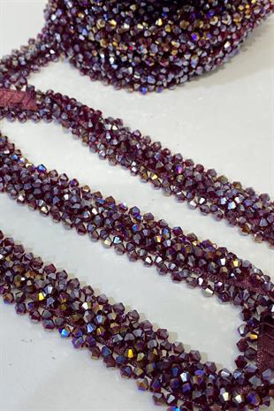 Bordo Kristal Boncuk İşlemeli Şerit