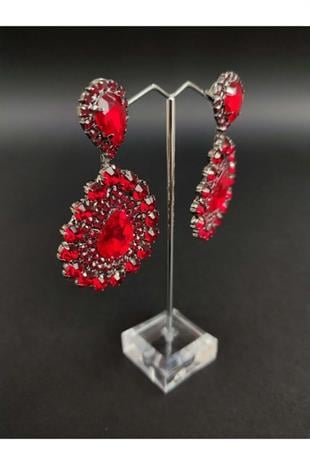 Bordo Kristal Taşlı Kına Düğün Gelin Küpesi